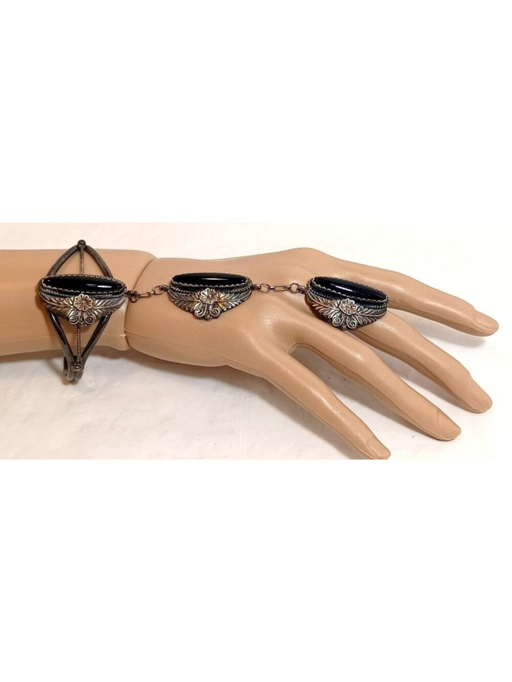 Vintage Navajo Sterling Silver Black Onyx Slave Cuff Bracelet & Ring Set 38 gram